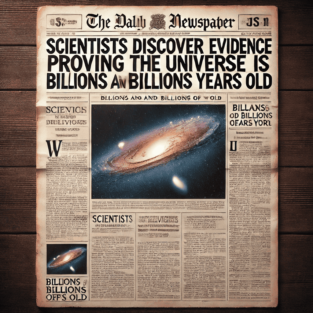 newspaper front page featuring the headline_ 'Scientists Discover New Evidence Proving the Universe is Billions and Billions of Years